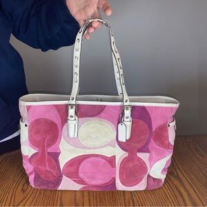 Vintage Coach Pink Y2K Optic Gallery Suede Monogram Tote